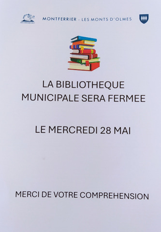 FERMETURE BIBLIOTHEQUE EXCEPTIONNELLE LE MERCREDI 28 MAI