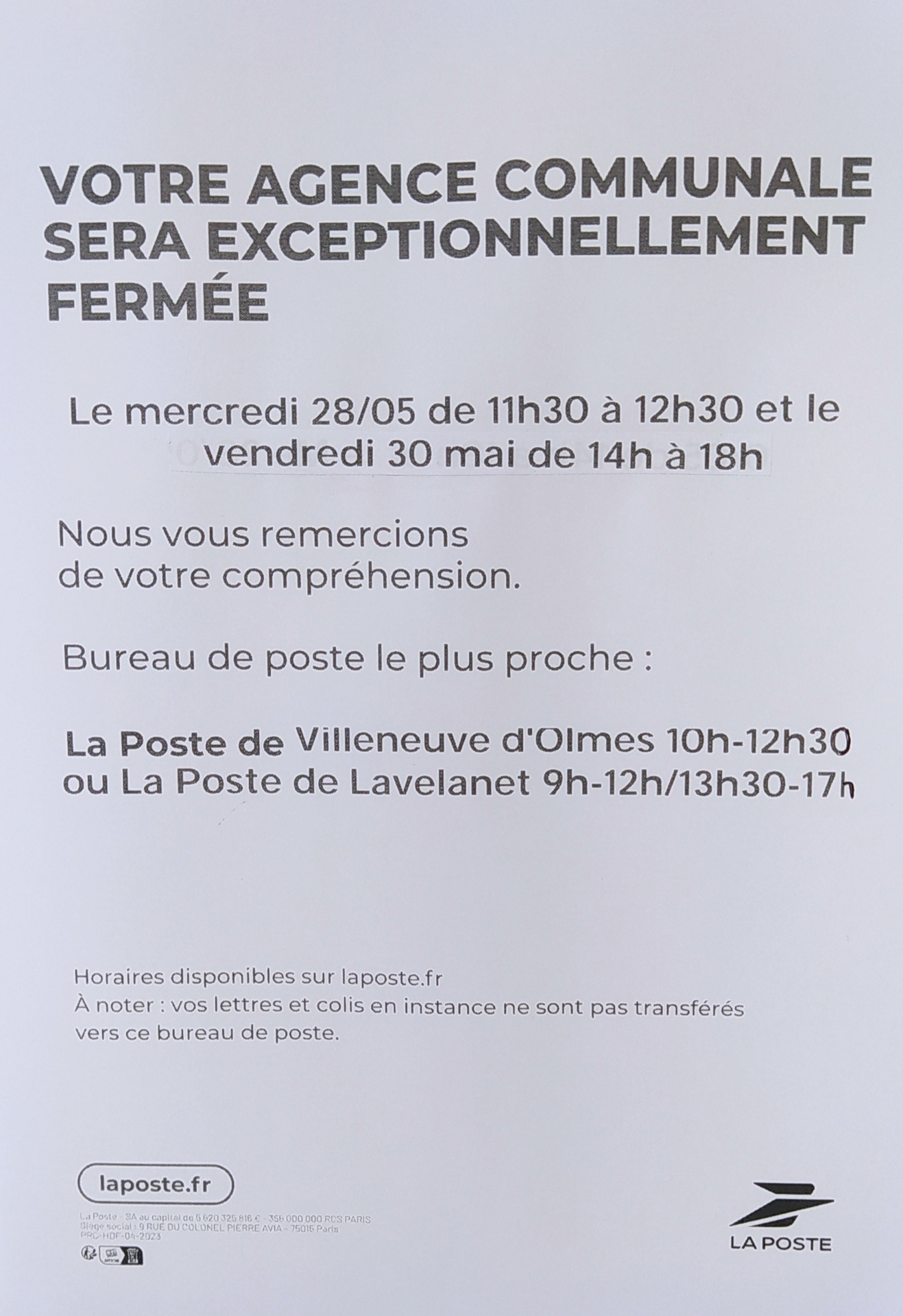 FERMETURE AGENCE POSTALE COMMUNALE 