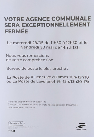 FERMETURE AGENCE POSTALE COMMUNALE 